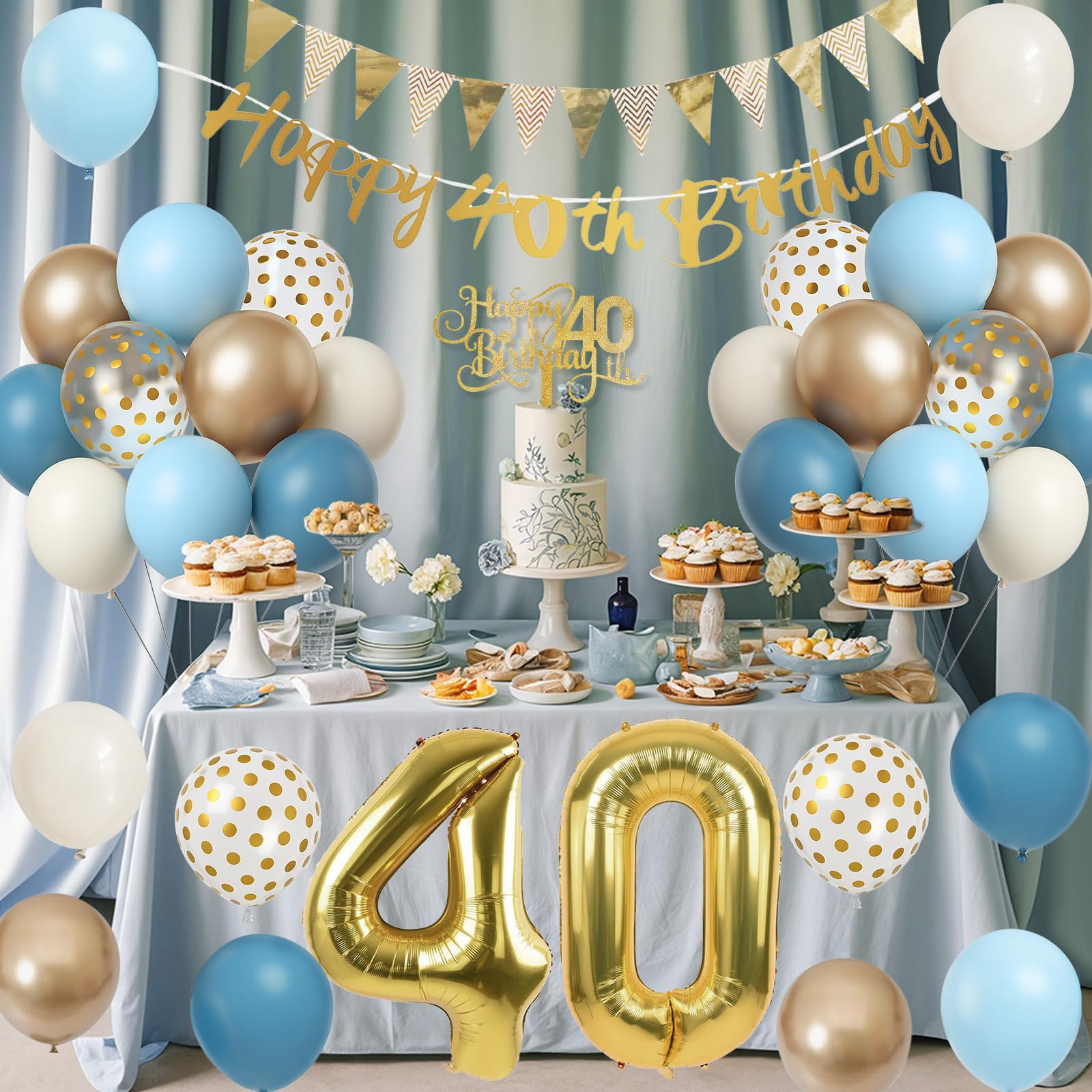 Paeyeq 40th Birthday Decorations Set - Dusty Blue Gold 40 Balloons, Bunting Banner & Cake Topper for Women Men