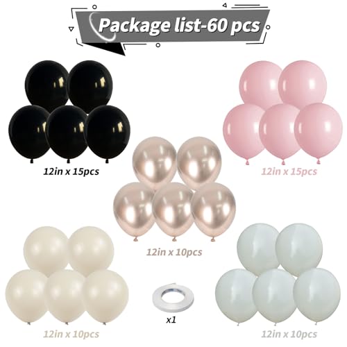 Paeyeq 60 Pcs Black and Pink Balloons Retro Dusty Pink Gold White Latex Party Balloon Kit with Metallic Champagne Gold