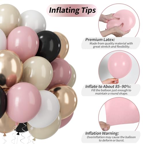 Paeyeq 60 Pcs Black and Pink Balloons Retro Dusty Pink Gold White Latex Party Balloon Kit with Metallic Champagne Gold
