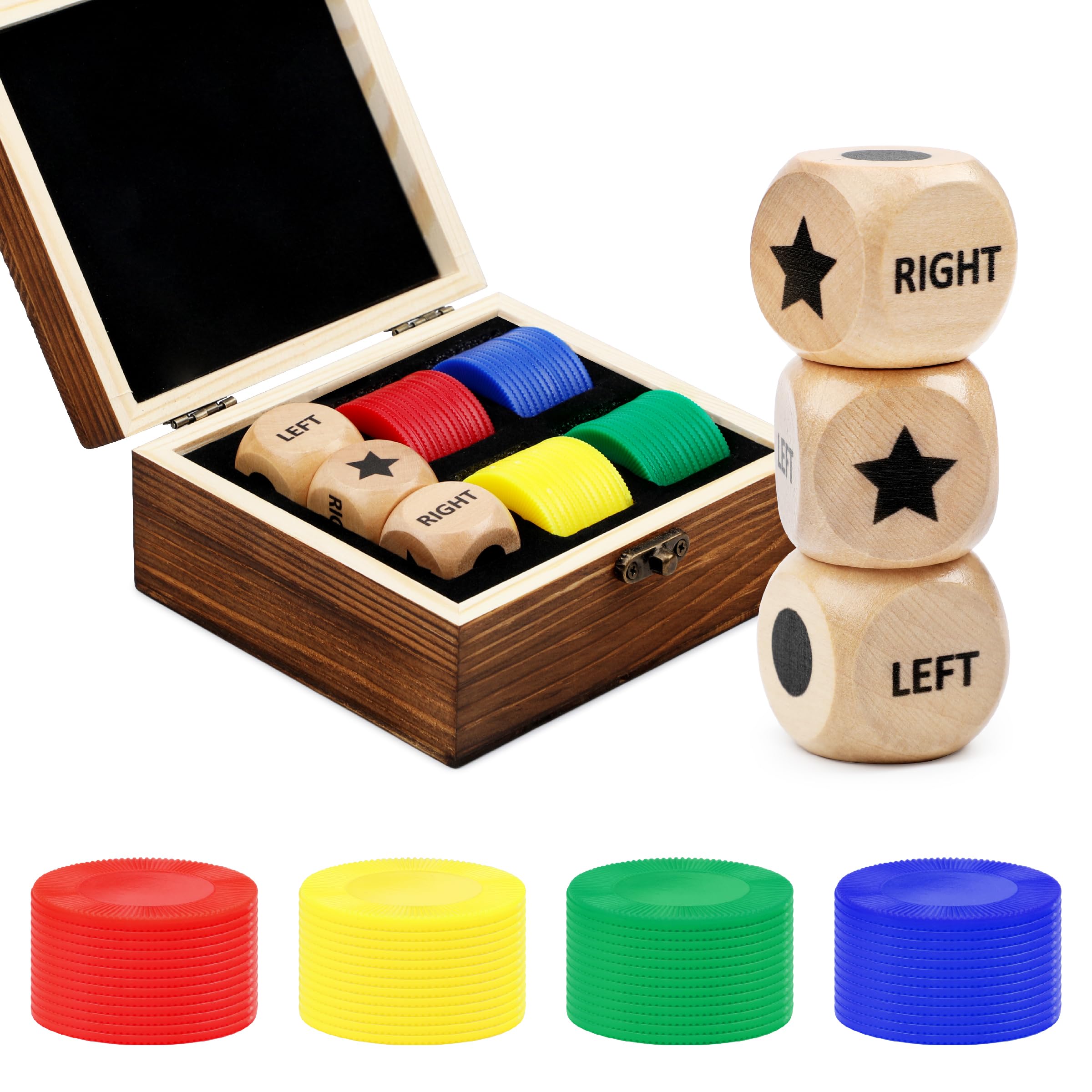 Pagather Fun Left Right Roll Dice Game Set - Wooden Dice & 48 Chips in Wooden Box, Portable Travel Game