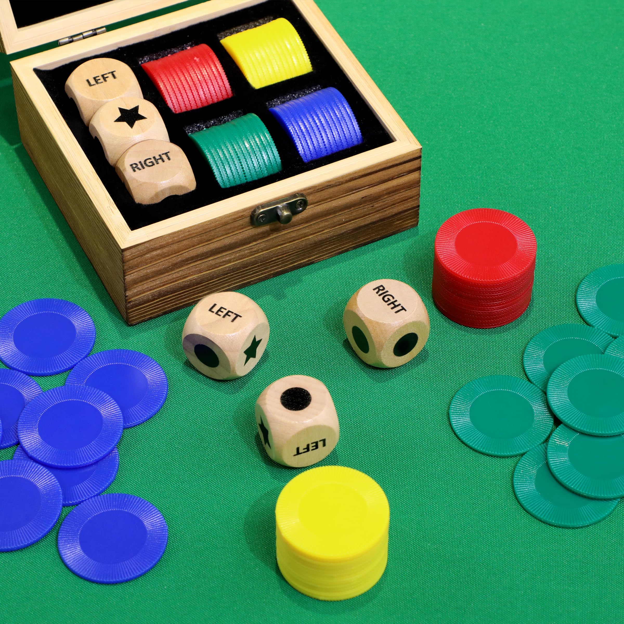 Pagather Fun Left Right Roll Dice Game Set - Wooden Dice & 48 Chips in Wooden Box, Portable Travel Game