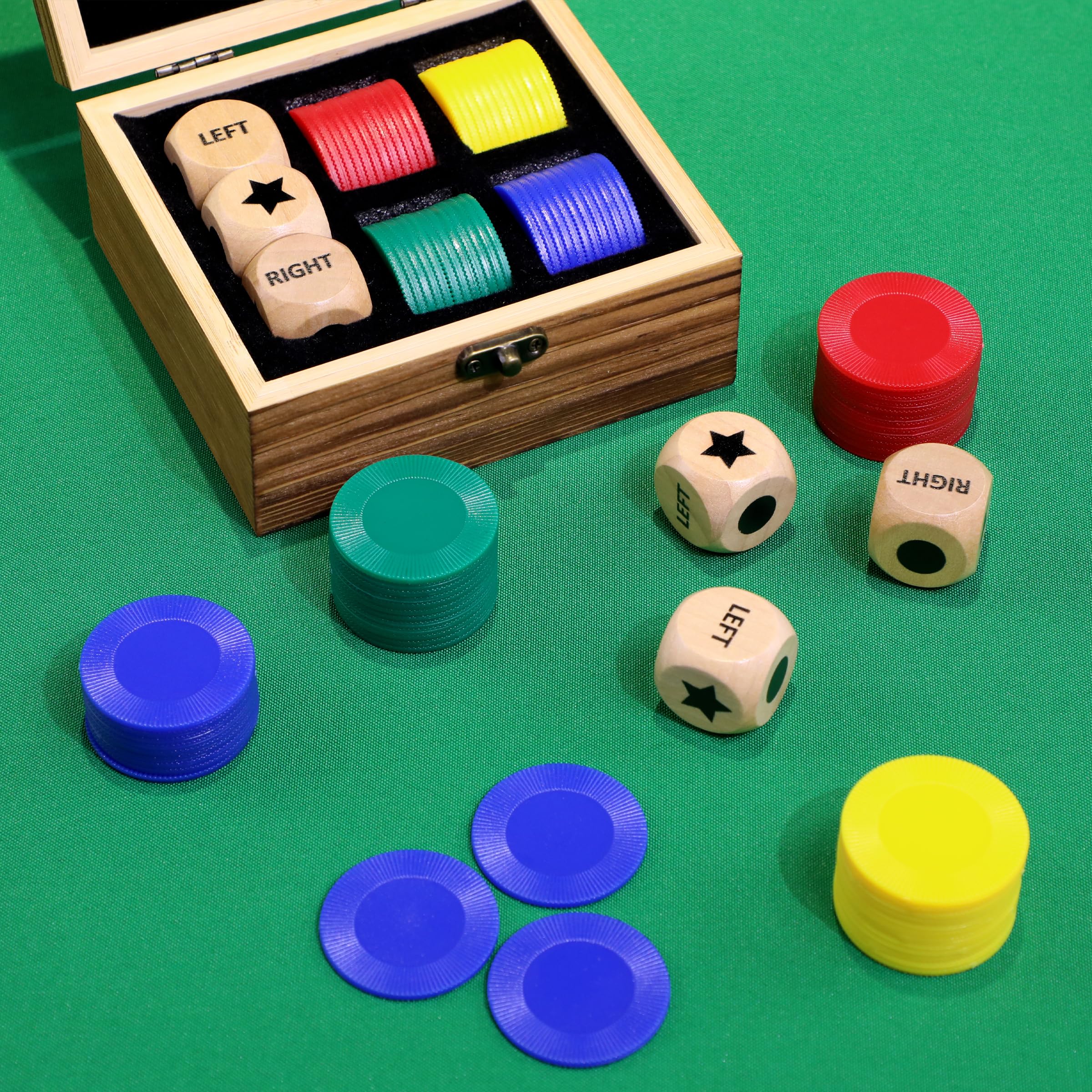 Pagather Fun Left Right Roll Dice Game Set - Wooden Dice & 48 Chips in Wooden Box, Portable Travel Game