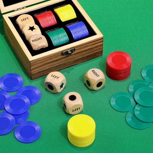 Pagather Fun Left Right Roll Dice Game Set - Wooden Dice & 48 Chips in Wooden Box, Portable Travel Game