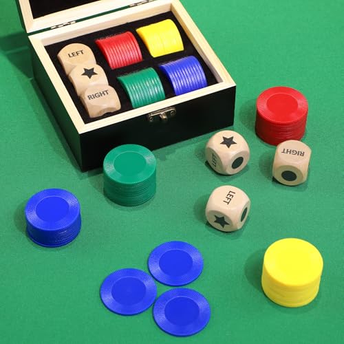 Pagather Left Right Roll Dice Game Set – Wooden Box, 3 Dice & 48 Chips for Travel & Family Fun