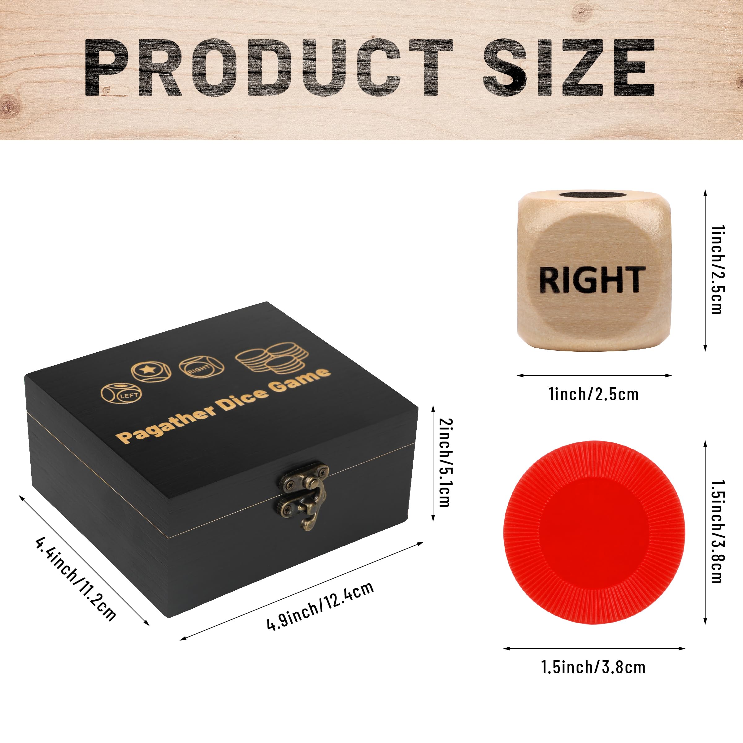 Pagather Left Right Roll Dice Game Set – Wooden Box, 3 Dice & 48 Chips for Travel & Family Fun
