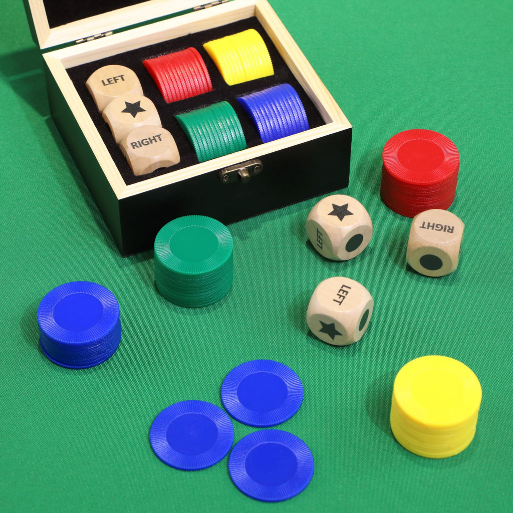 Pagather Left Right Roll Dice Game Set – Wooden Box, 3 Dice & 48 Chips for Travel & Family Fun