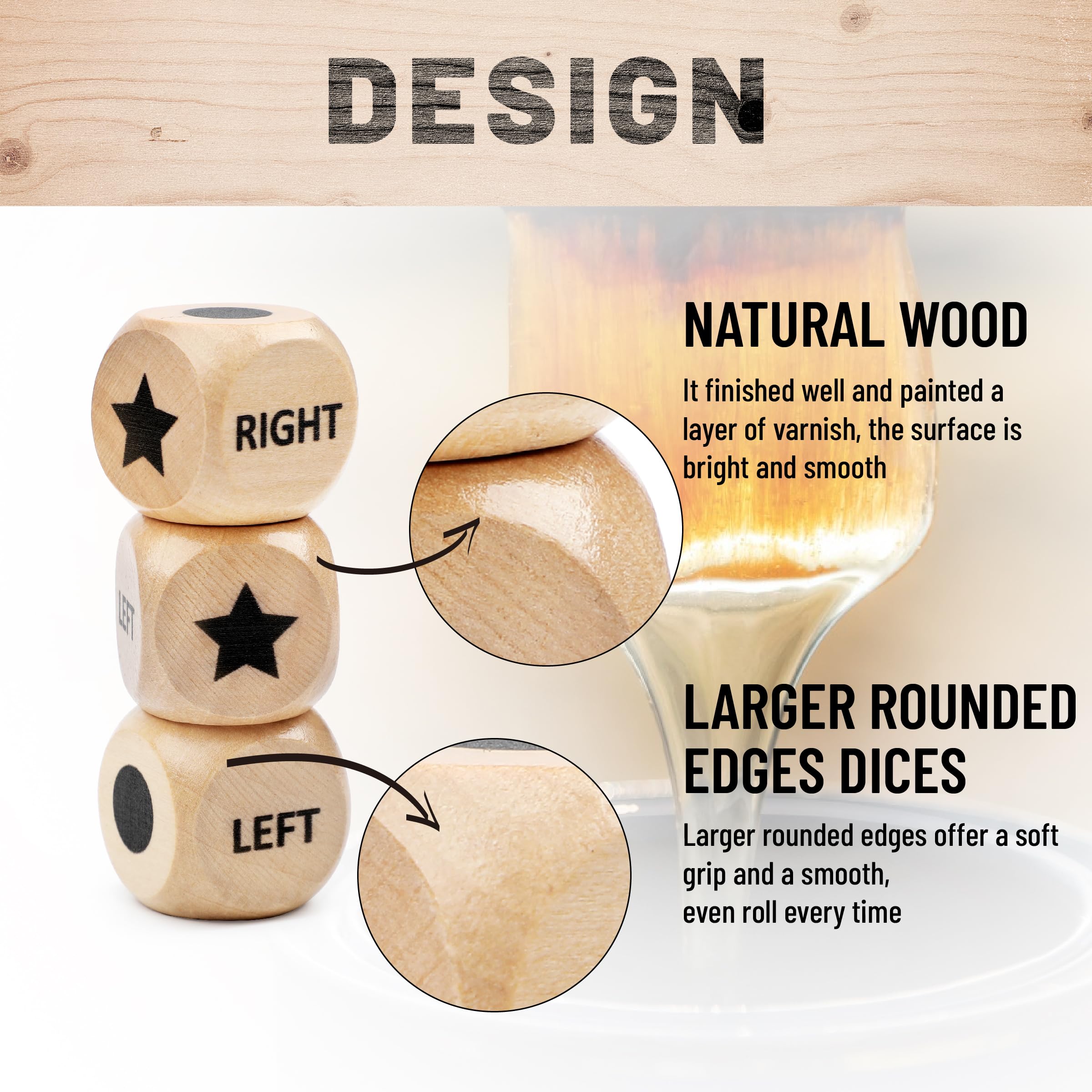 Pagather Left Right Roll Dice Game Set – Wooden Box, 3 Dice & 48 Chips for Travel & Family Fun