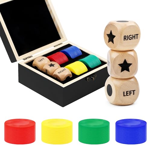 Pagather Left Right Roll Dice Game Set – Wooden Box, 3 Dice & 48 Chips for Travel & Family Fun