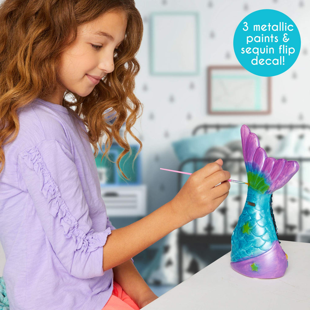 Paint Your Own Mermaid Coin Bank by Just My Style - Blue, with Metallic Paints & Sequin Decal
