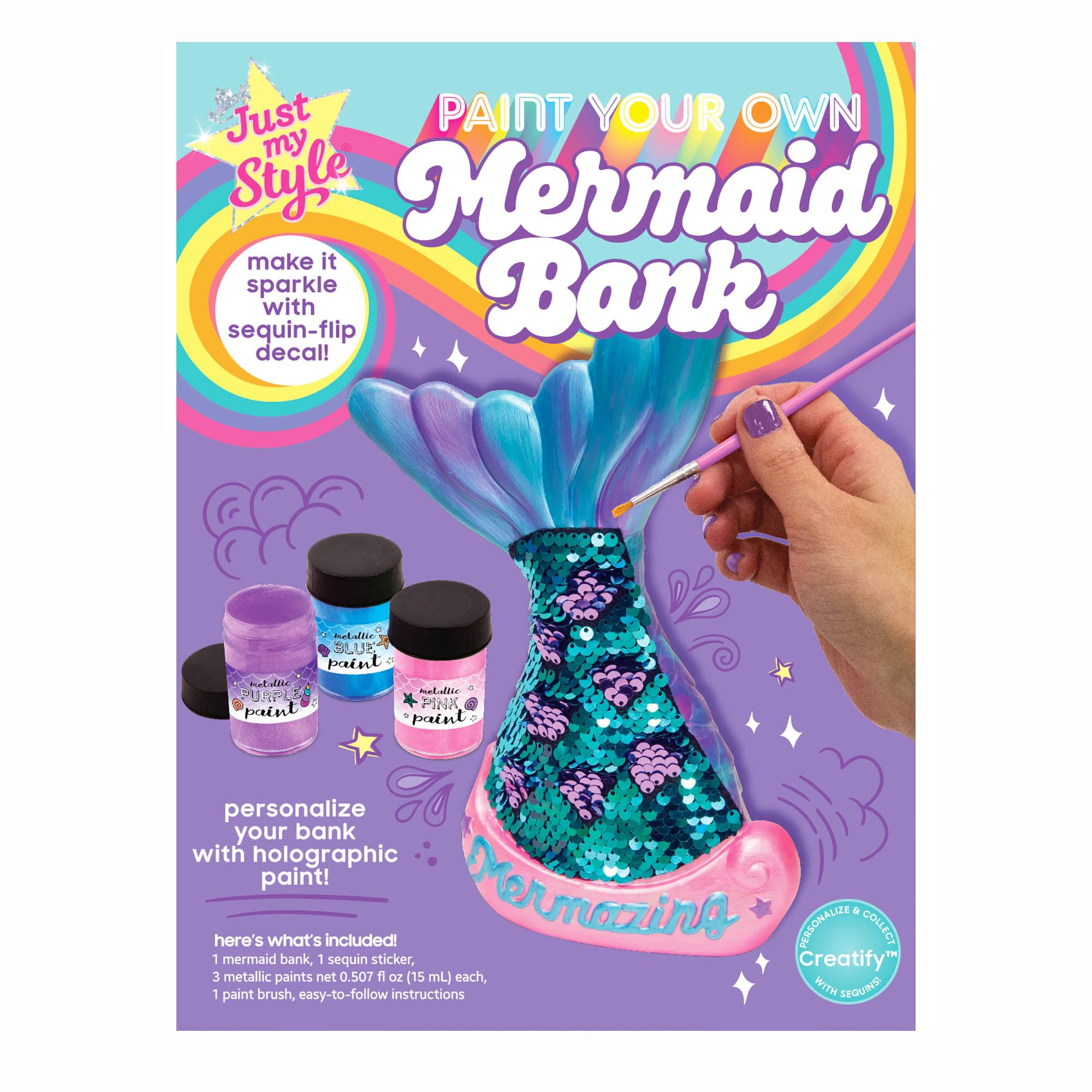 Paint Your Own Mermaid Coin Bank by Just My Style - Blue, with Metallic Paints & Sequin Decal