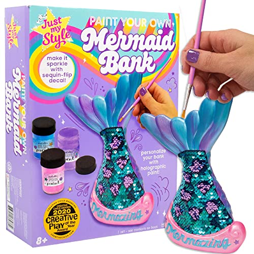 Paint Your Own Mermaid Coin Bank by Just My Style - Blue, with Metallic Paints & Sequin Decal