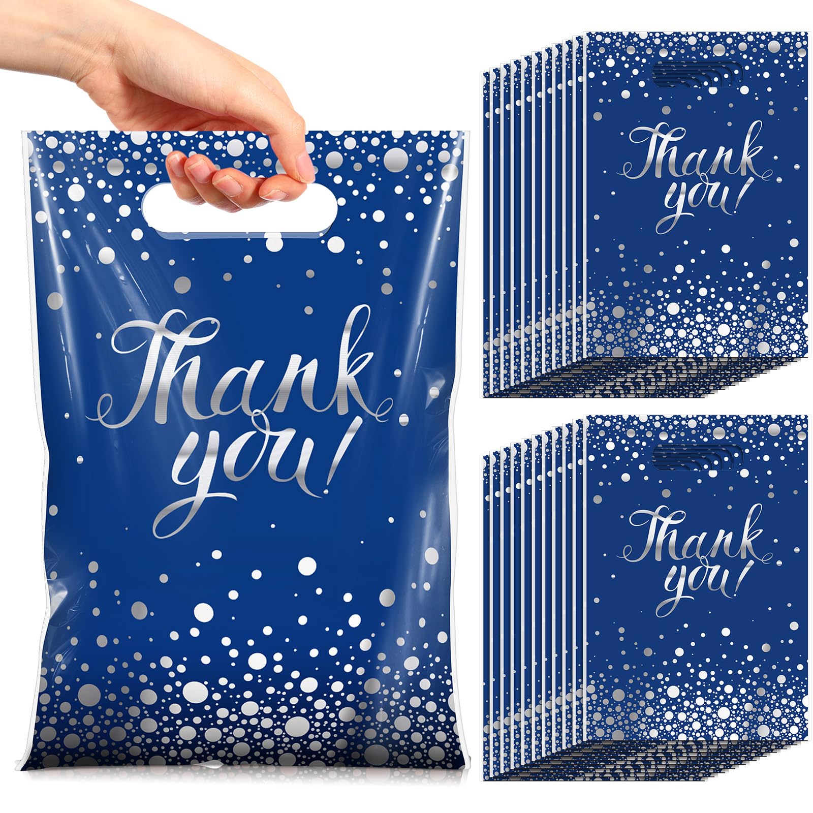 Pajean 100-Pack Blue Silver Thank You Plastic Gift Bags with Handles, 6.7 x 9.8 Inches, Polka Dots