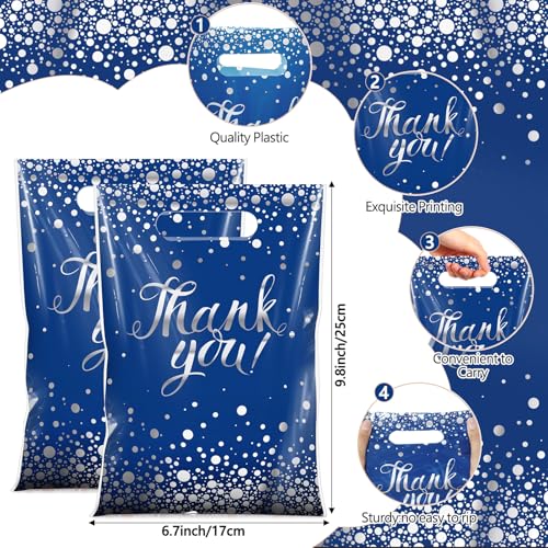 Pajean 100-Pack Blue Silver Thank You Plastic Gift Bags with Handles, 6.7 x 9.8 Inches, Polka Dots