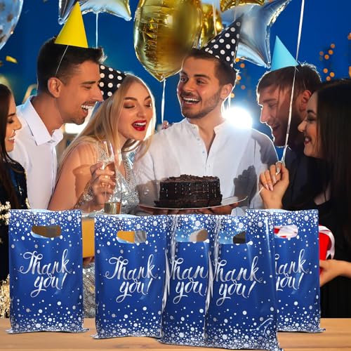 Pajean 100-Pack Blue Silver Thank You Plastic Gift Bags with Handles, 6.7 x 9.8 Inches, Polka Dots
