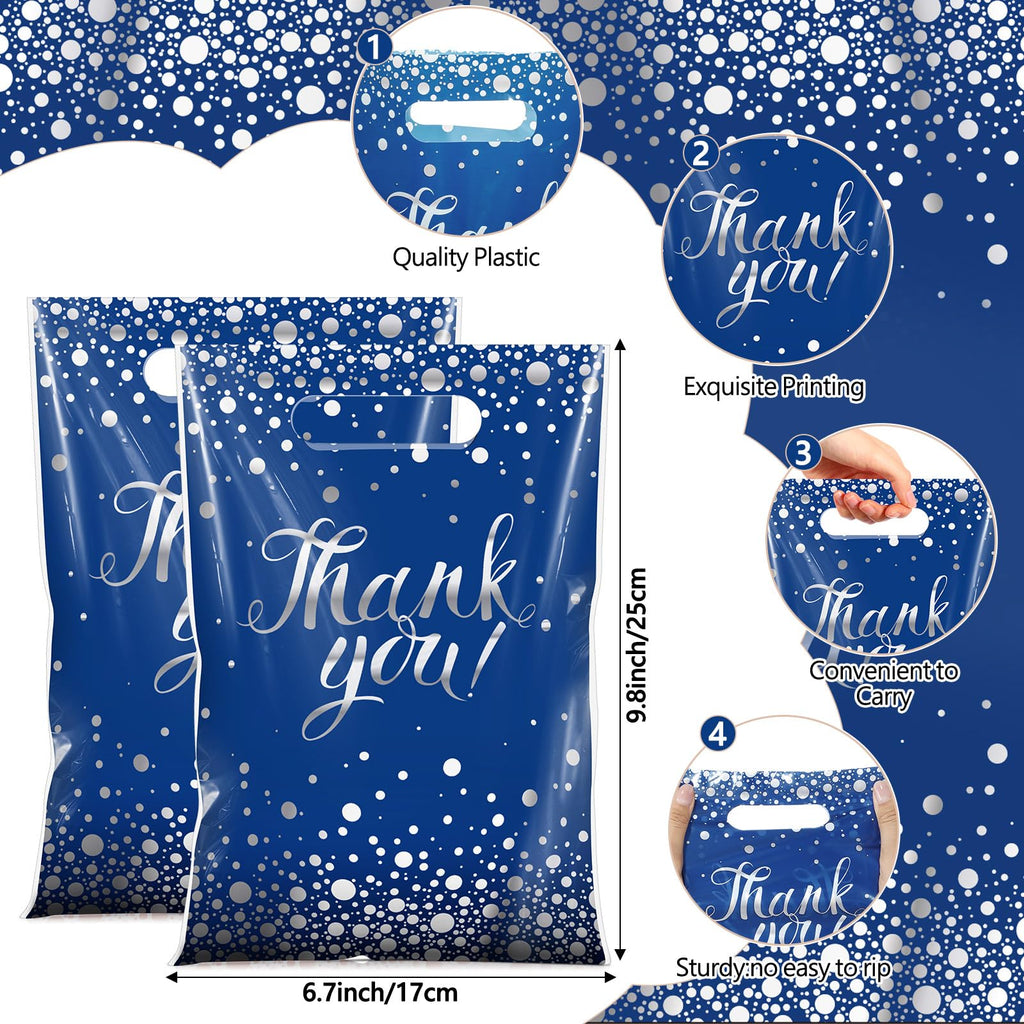 Pajean 100-Pack Blue Silver Thank You Plastic Gift Bags with Handles, 6.7 x 9.8 Inches, Polka Dots