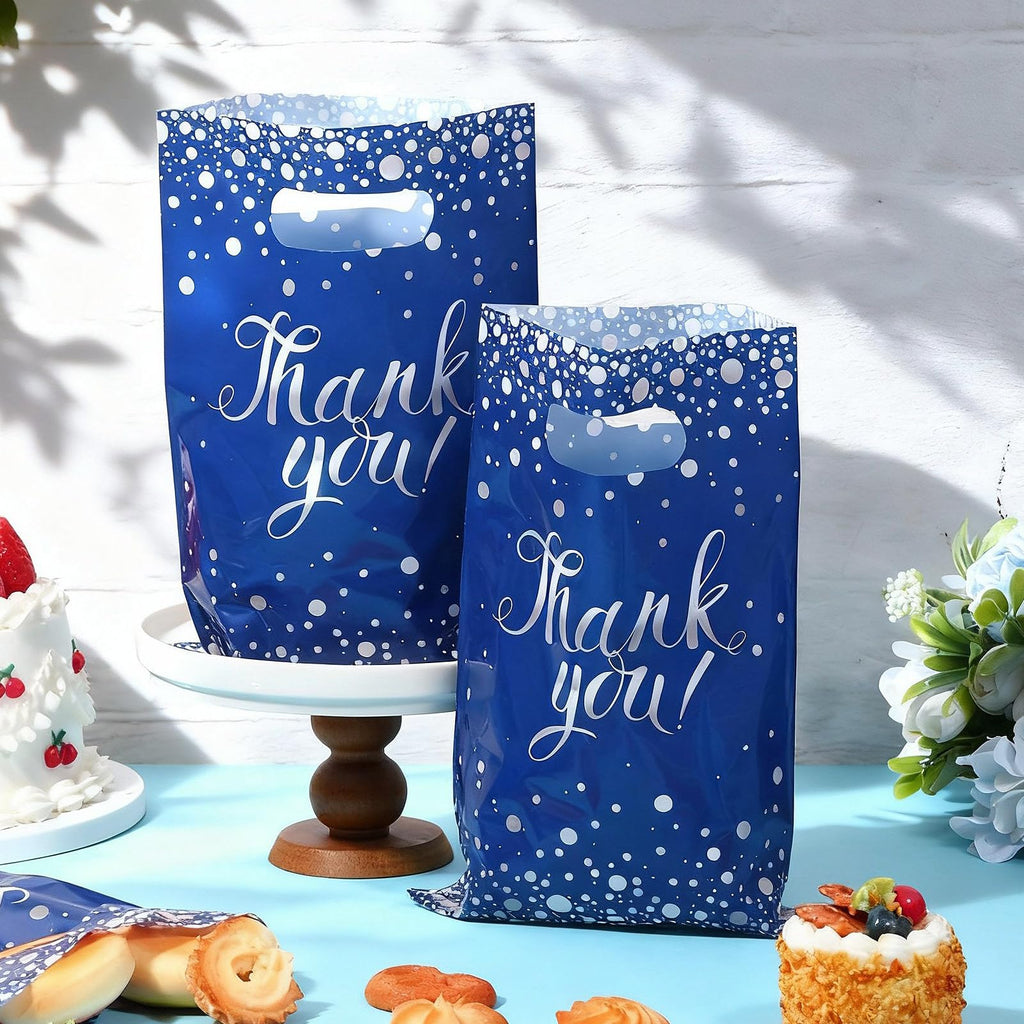 Pajean 100-Pack Blue Silver Thank You Plastic Gift Bags with Handles, 6.7 x 9.8 Inches, Polka Dots