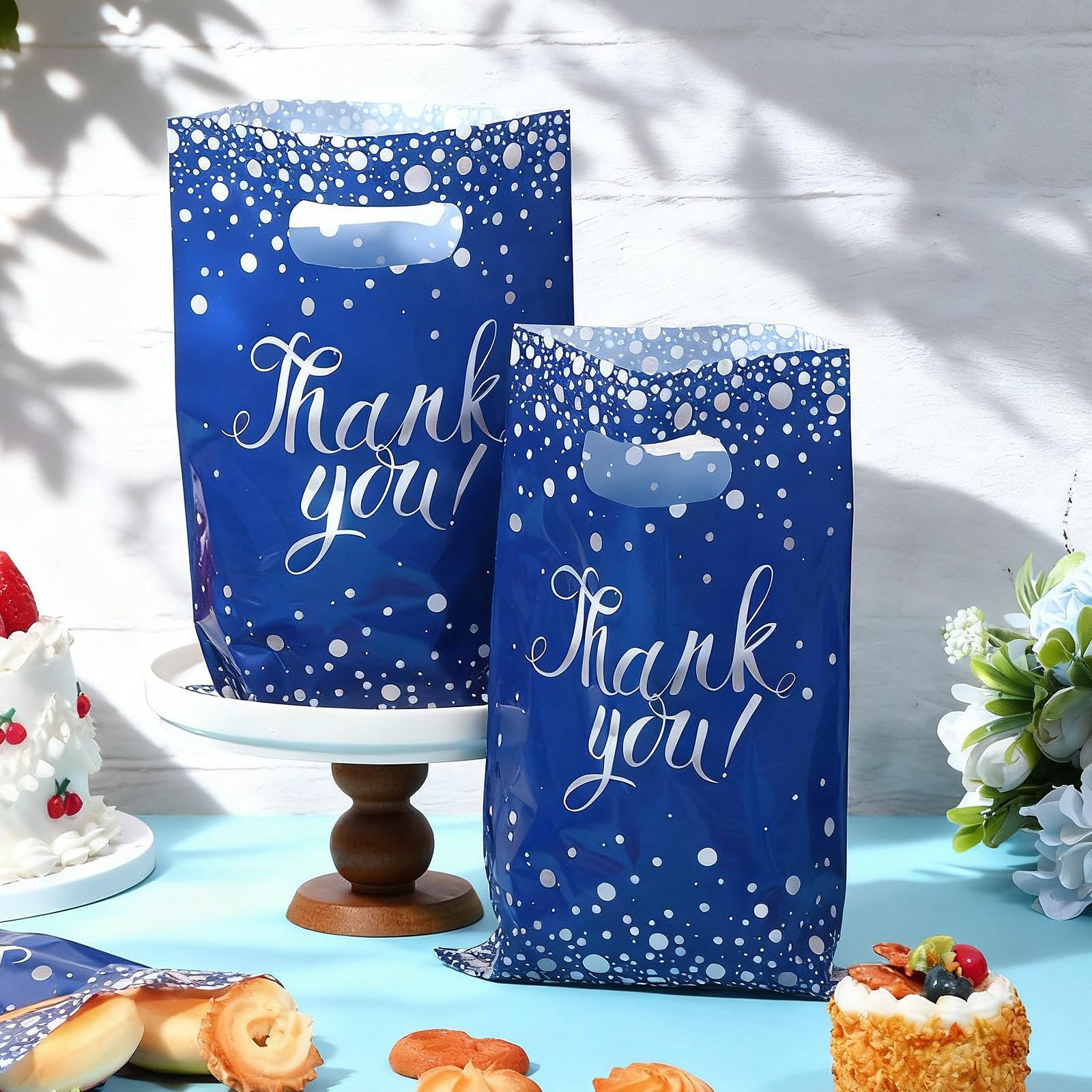 Pajean 100-Pack Blue Silver Thank You Plastic Gift Bags with Handles, 6.7 x 9.8 Inches, Polka Dots