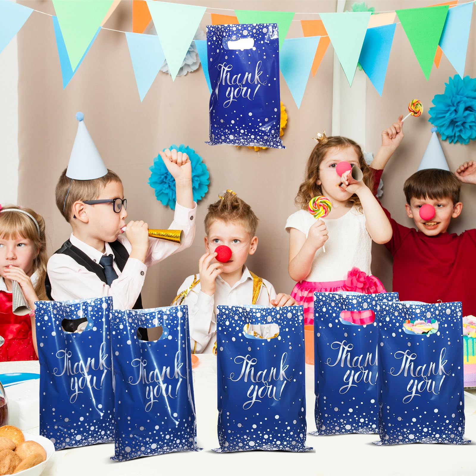 Pajean 100-Pack Blue Silver Thank You Plastic Gift Bags with Handles, 6.7 x 9.8 Inches, Polka Dots