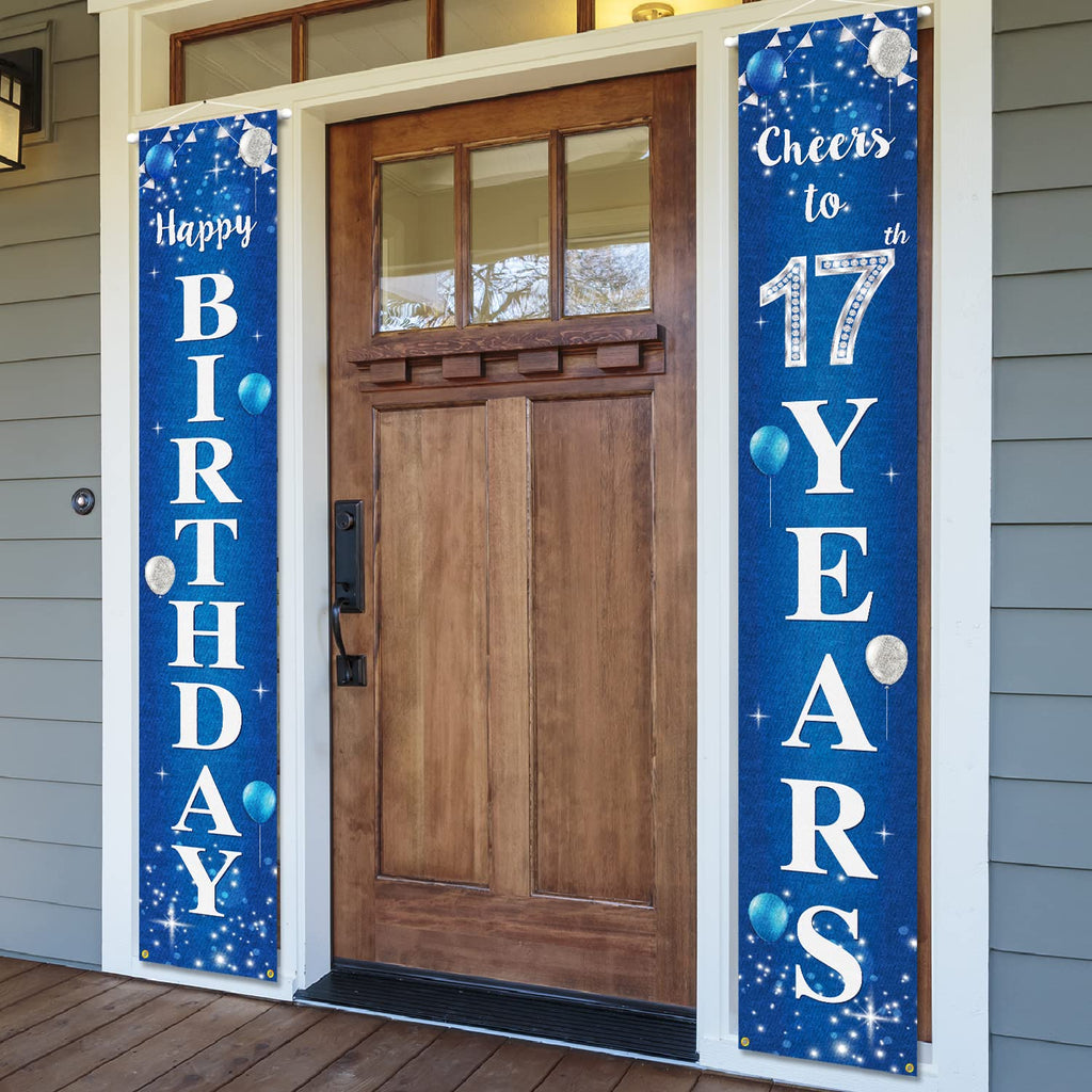 PAKBOOM Happy 17th Birthday Banner - 1x5.9 ft Blue Yard Sign Door Banner for 17th Birthday Party Decorations