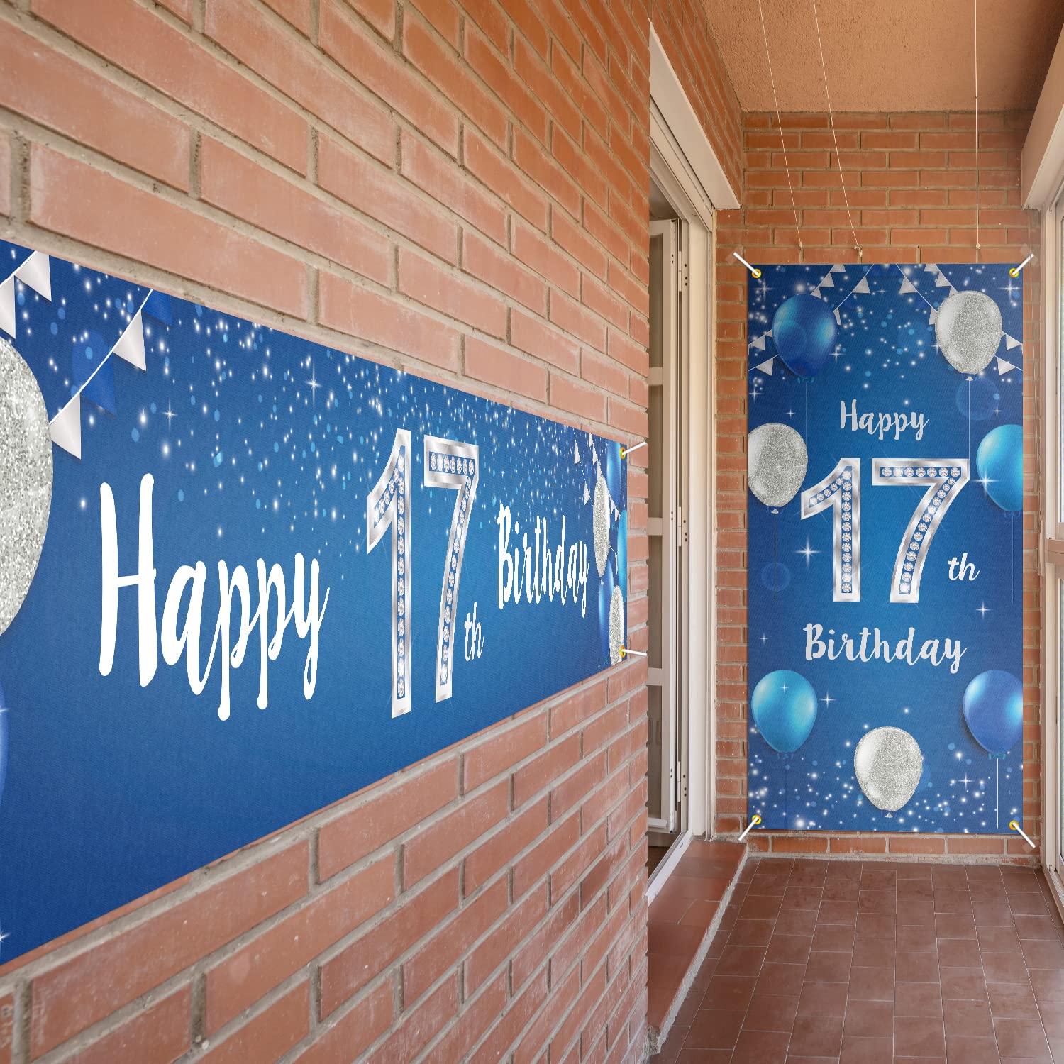 PAKBOOM Happy 17th Birthday Door Cover & Porch Banner Set, Blue – 2-Piece Polyester Party Decorations for Men
