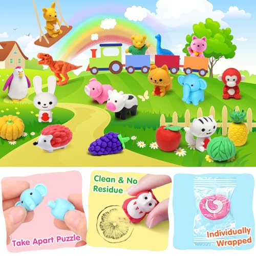Palmatte 40-Mini Animal Erasers Set – Bulk Desk Pets, Classroom Rewards, and Party Favor Fillers