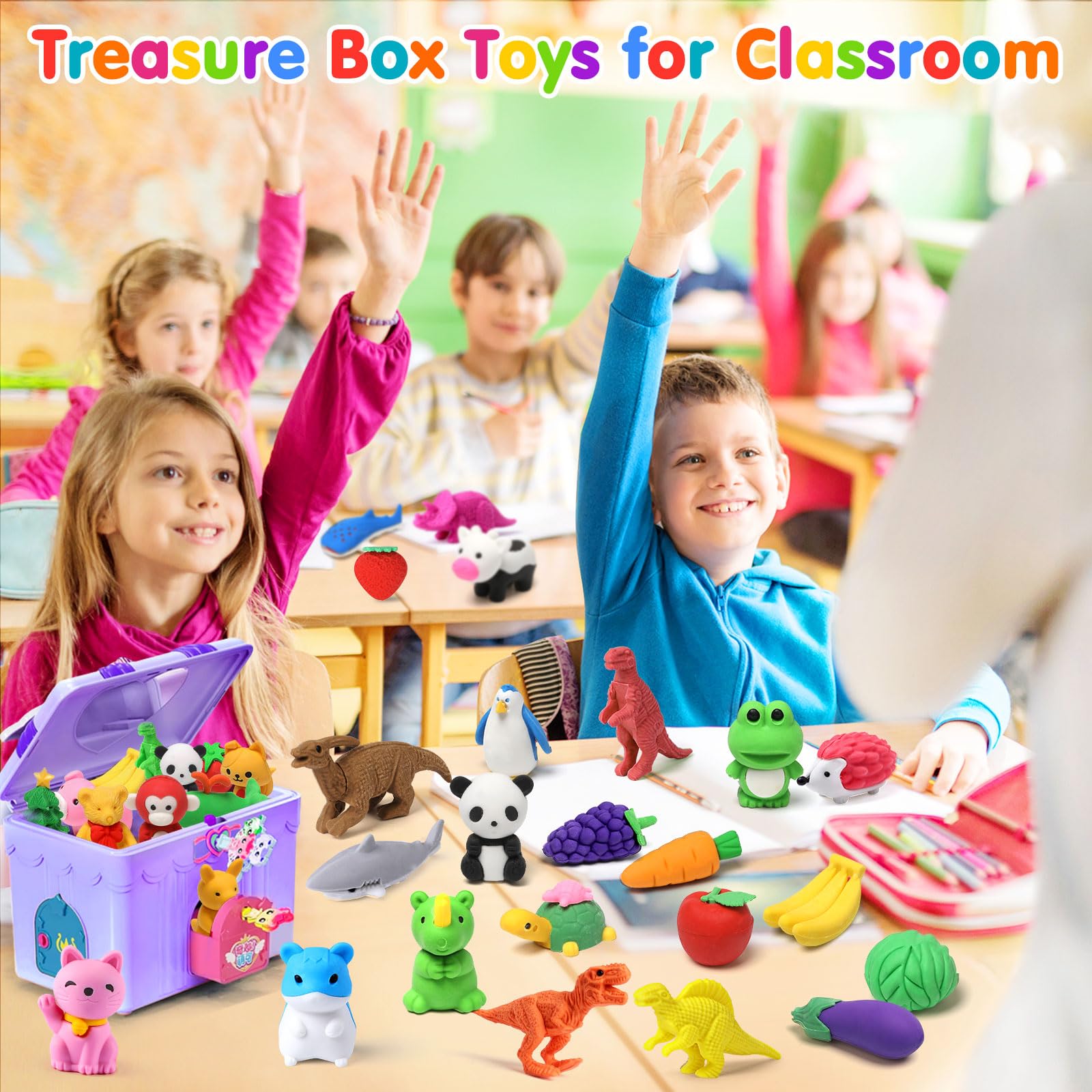 Palmatte 40-Mini Animal Erasers Set – Bulk Desk Pets, Classroom Rewards, and Party Favor Fillers
