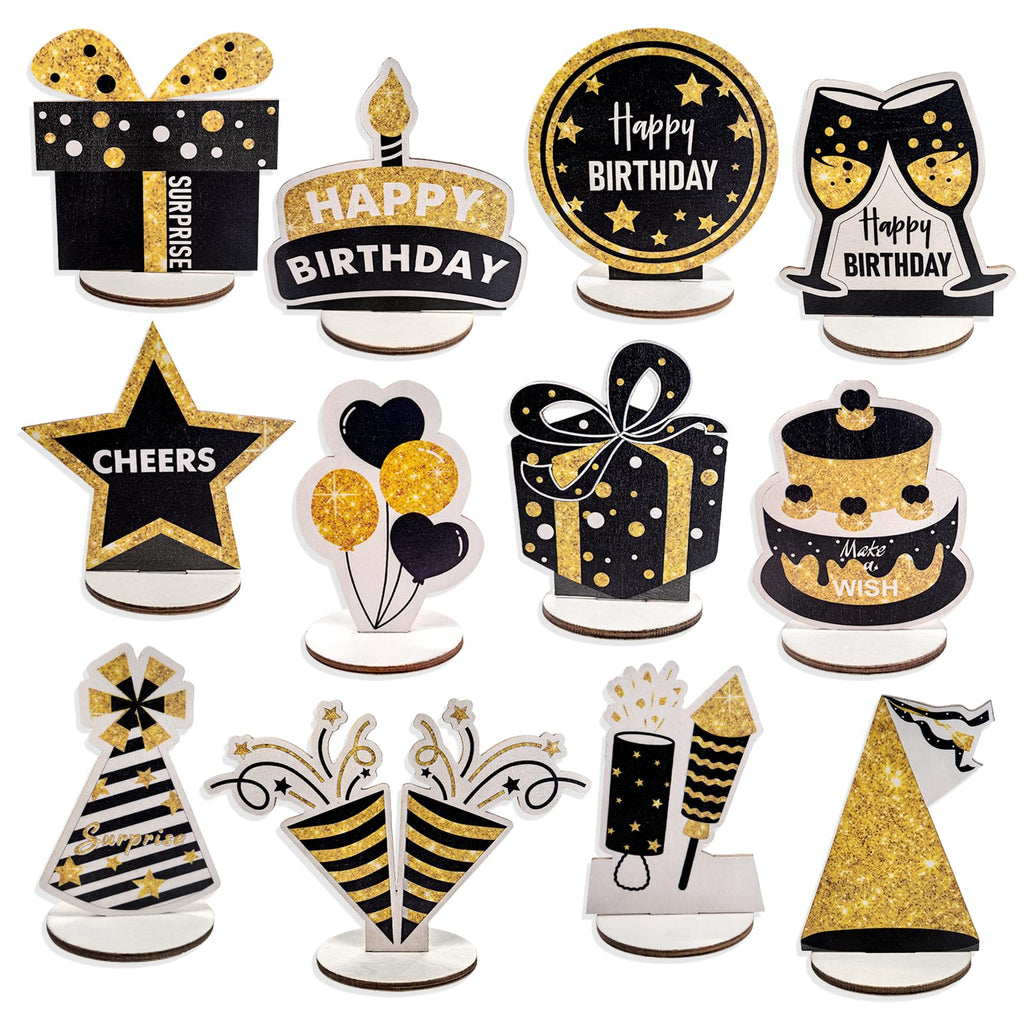 PAMBO Black & Gold Wooden Glitter Birthday Table Decorations - 12-Piece Set