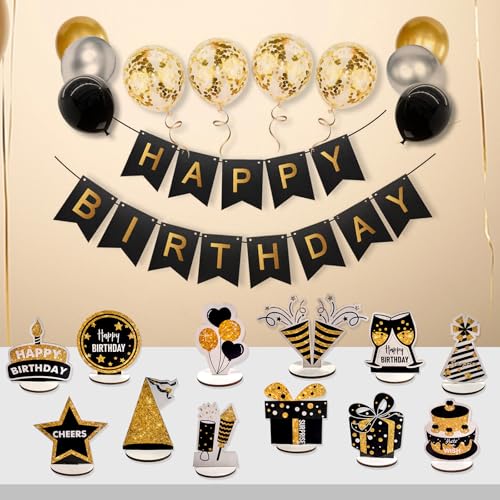 PAMBO Black & Gold Wooden Glitter Birthday Table Decorations - 12-Piece Set