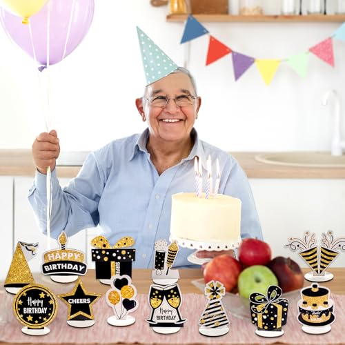 PAMBO Black & Gold Wooden Glitter Birthday Table Decorations - 12-Piece Set