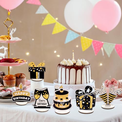 PAMBO Black & Gold Wooden Glitter Birthday Table Decorations - 12-Piece Set