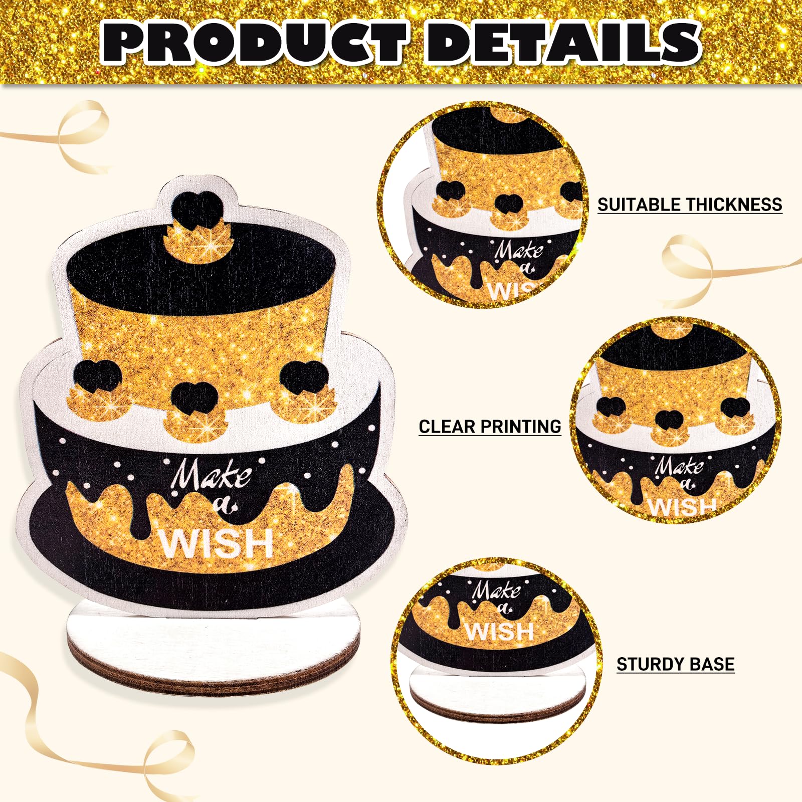 PAMBO Black & Gold Wooden Glitter Birthday Table Decorations - 12-Piece Set