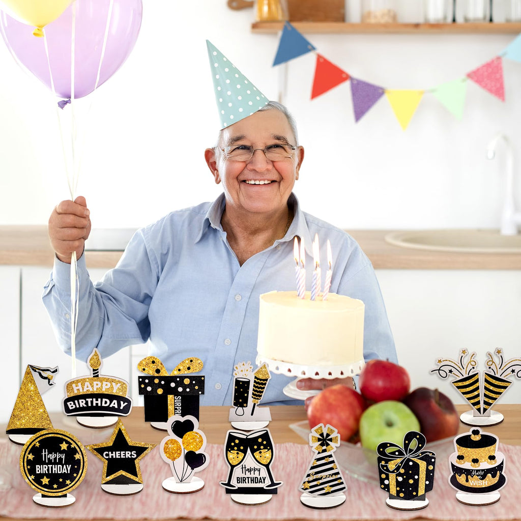 PAMBO Black & Gold Wooden Glitter Birthday Table Decorations - 12-Piece Set