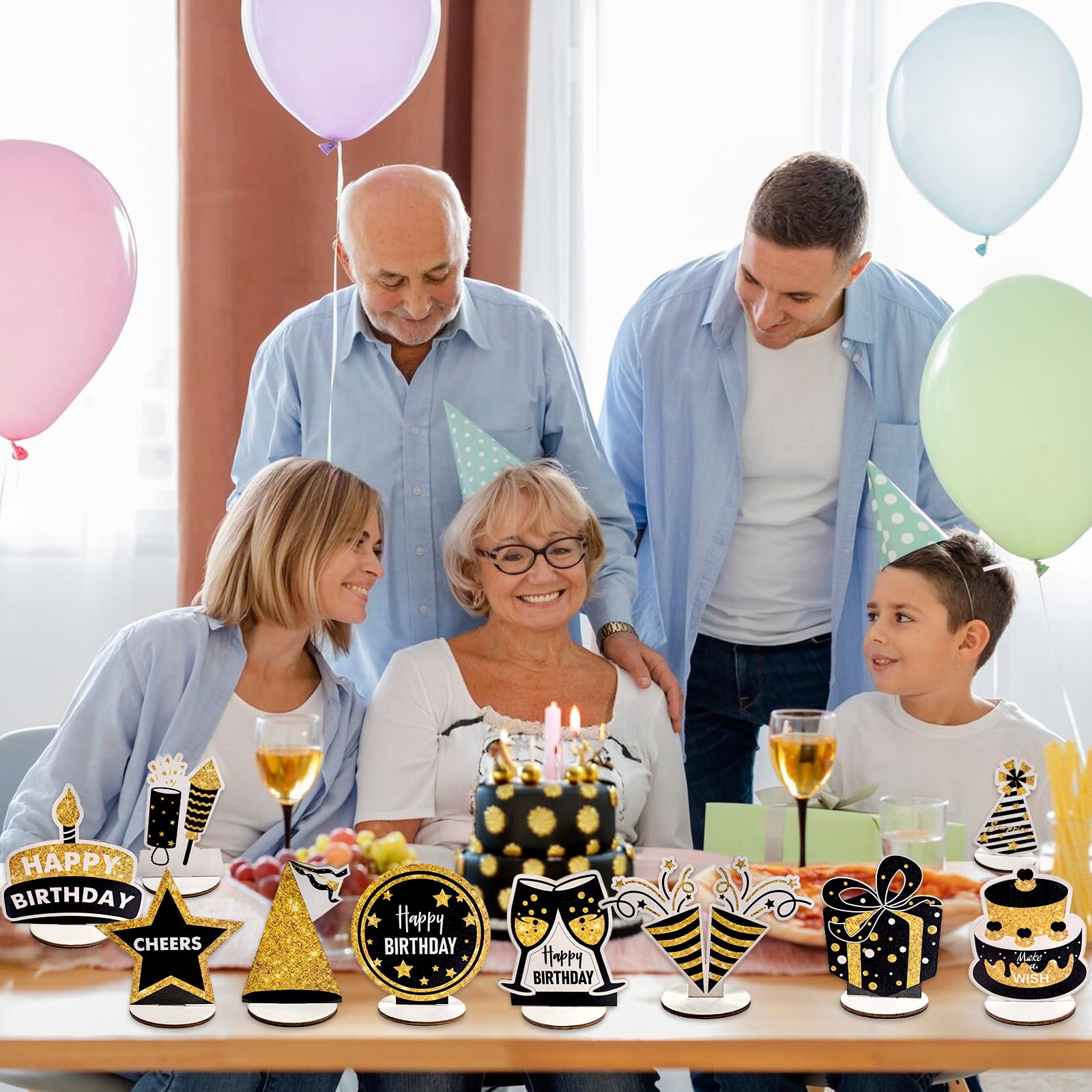 PAMBO Black & Gold Wooden Glitter Birthday Table Decorations - 12-Piece Set