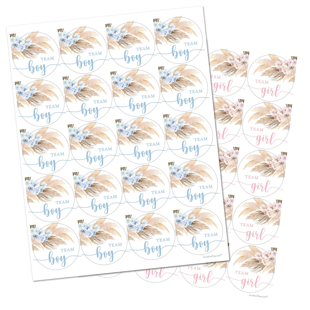 Pampas Grass Gender Reveal Stickers – 40 Labels (20 Pink, 20 Blue) by InvitationHouse