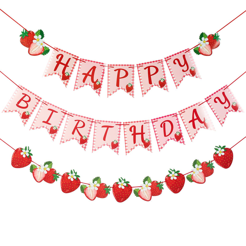 PAPER JAZZ Strawberry Hanging Banner – Red Berry First Birthday Party Decorations with Pre-Strung Letter Cards