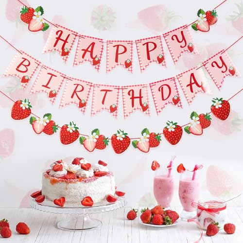 PAPER JAZZ Strawberry Hanging Banner – Red Berry First Birthday Party Decorations with Pre-Strung Letter Cards