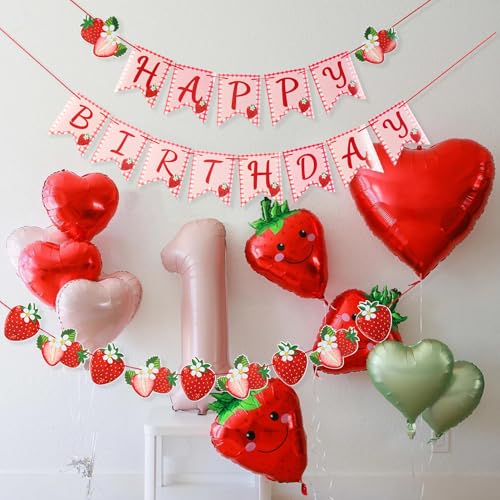 PAPER JAZZ Strawberry Hanging Banner – Red Berry First Birthday Party Decorations with Pre-Strung Letter Cards