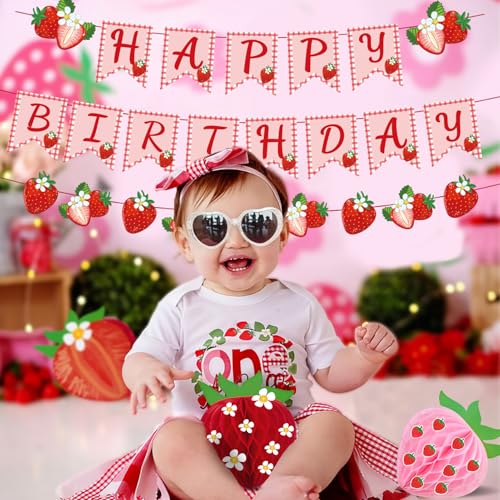 PAPER JAZZ Strawberry Hanging Banner – Red Berry First Birthday Party Decorations with Pre-Strung Letter Cards