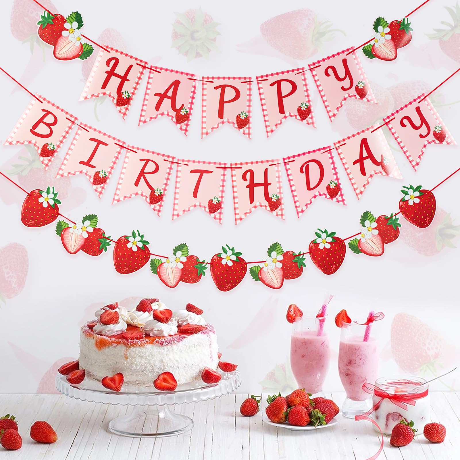 PAPER JAZZ Strawberry Hanging Banner – Red Berry First Birthday Party Decorations with Pre-Strung Letter Cards