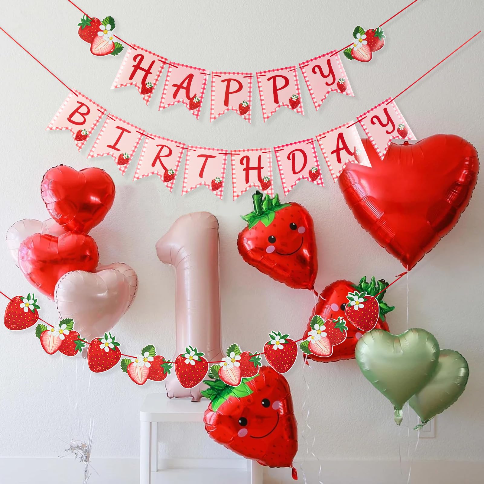 PAPER JAZZ Strawberry Hanging Banner – Red Berry First Birthday Party Decorations with Pre-Strung Letter Cards