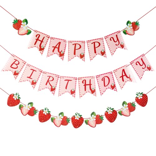 PAPER JAZZ Strawberry Hanging Banner – Red Berry First Birthday Party Decorations with Pre-Strung Letter Cards
