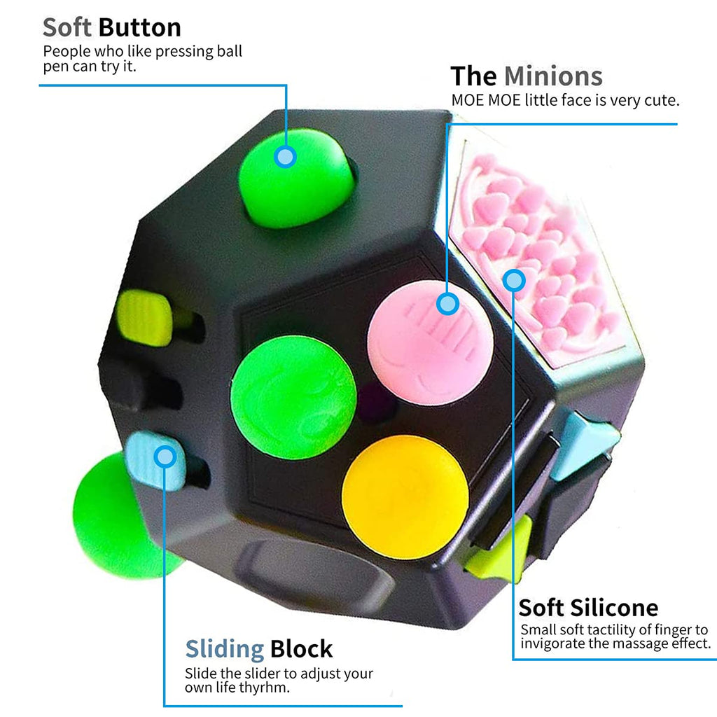 PAPOLGO 12-Sided Fidget Cube Toy – Stress Relief and Focus Aid for All Ages (Black)