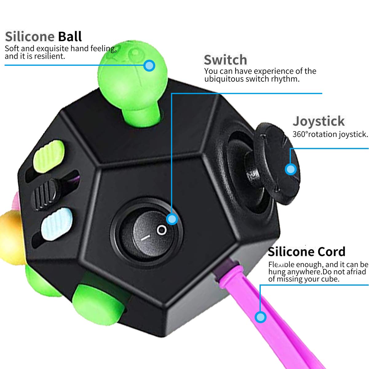 PAPOLGO 12-Sided Fidget Cube Toy – Stress Relief and Focus Aid for All Ages (Black)