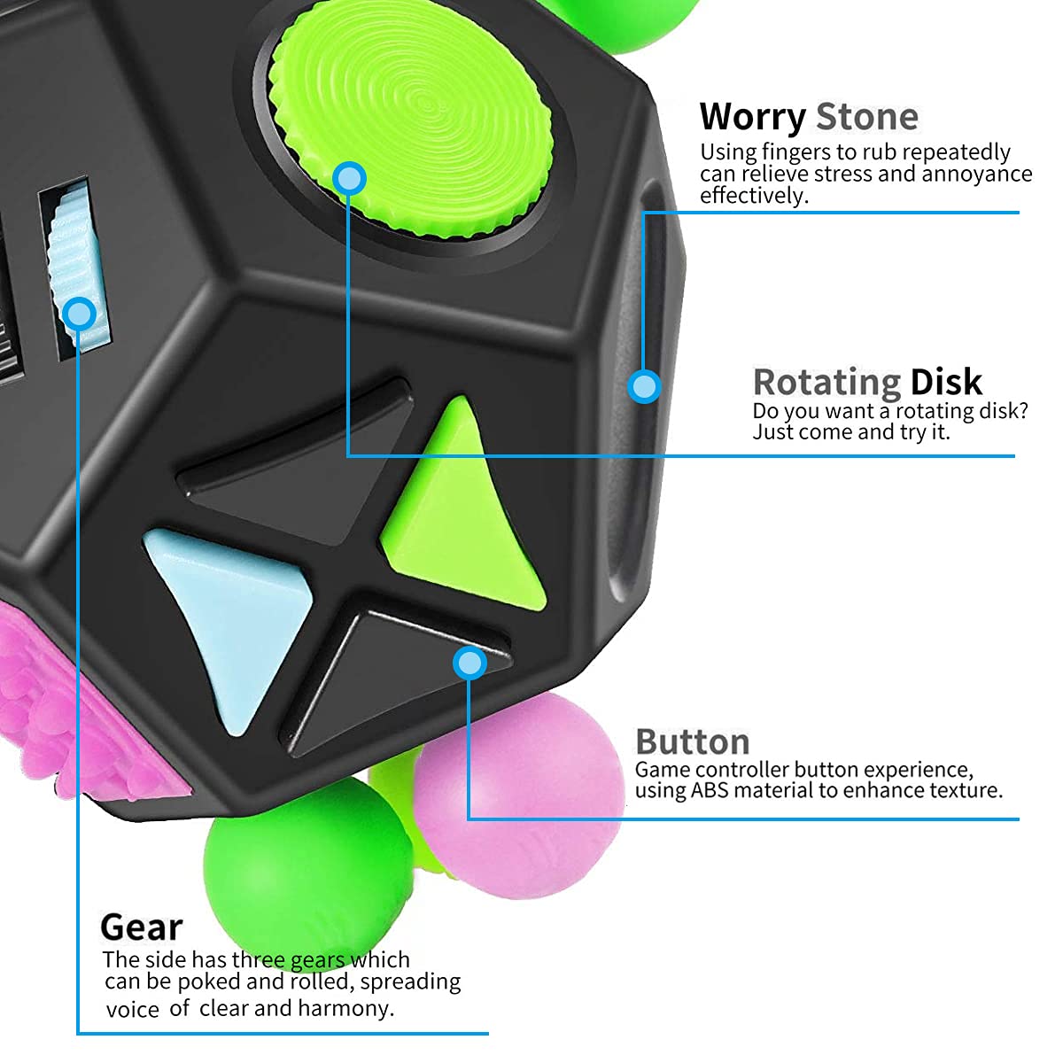 PAPOLGO 12-Sided Fidget Cube Toy – Stress Relief and Focus Aid for All Ages (Black)