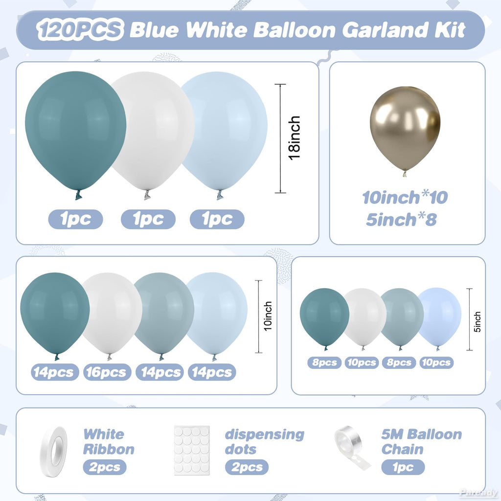 Paready 120-Piece Dusty Blue & White Balloon Arch Kit – Metallic Sand Gold Accents for Baby Shower, Birthday, Wedding Decor