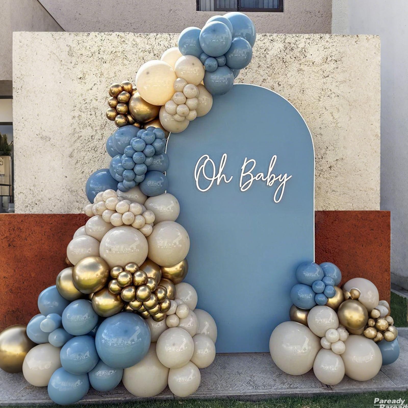 Paready 120-Piece Dusty Blue & White Balloon Arch Kit – Metallic Sand Gold Accents for Baby Shower, Birthday, Wedding Decor