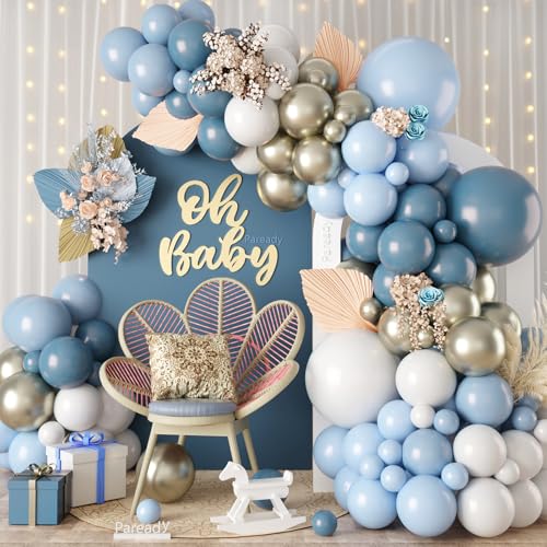 Paready 120-Piece Dusty Blue & White Balloon Arch Kit – Metallic Sand Gold Accents for Baby Shower, Birthday, Wedding Decor