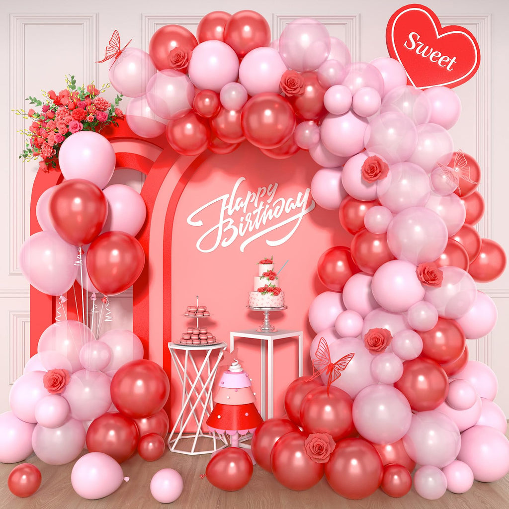 Paready 120-Piece Red and Pink Balloon Arch Kit - Pastel Pearl Latex Balloons for Valentine's Day, Birthday, Baby Shower Decorations