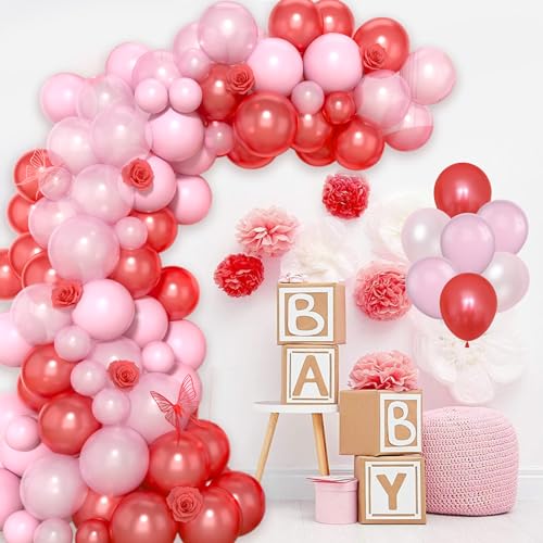 Paready 120-Piece Red and Pink Balloon Arch Kit - Pastel Pearl Latex Balloons for Valentine's Day, Birthday, Baby Shower Decorations
