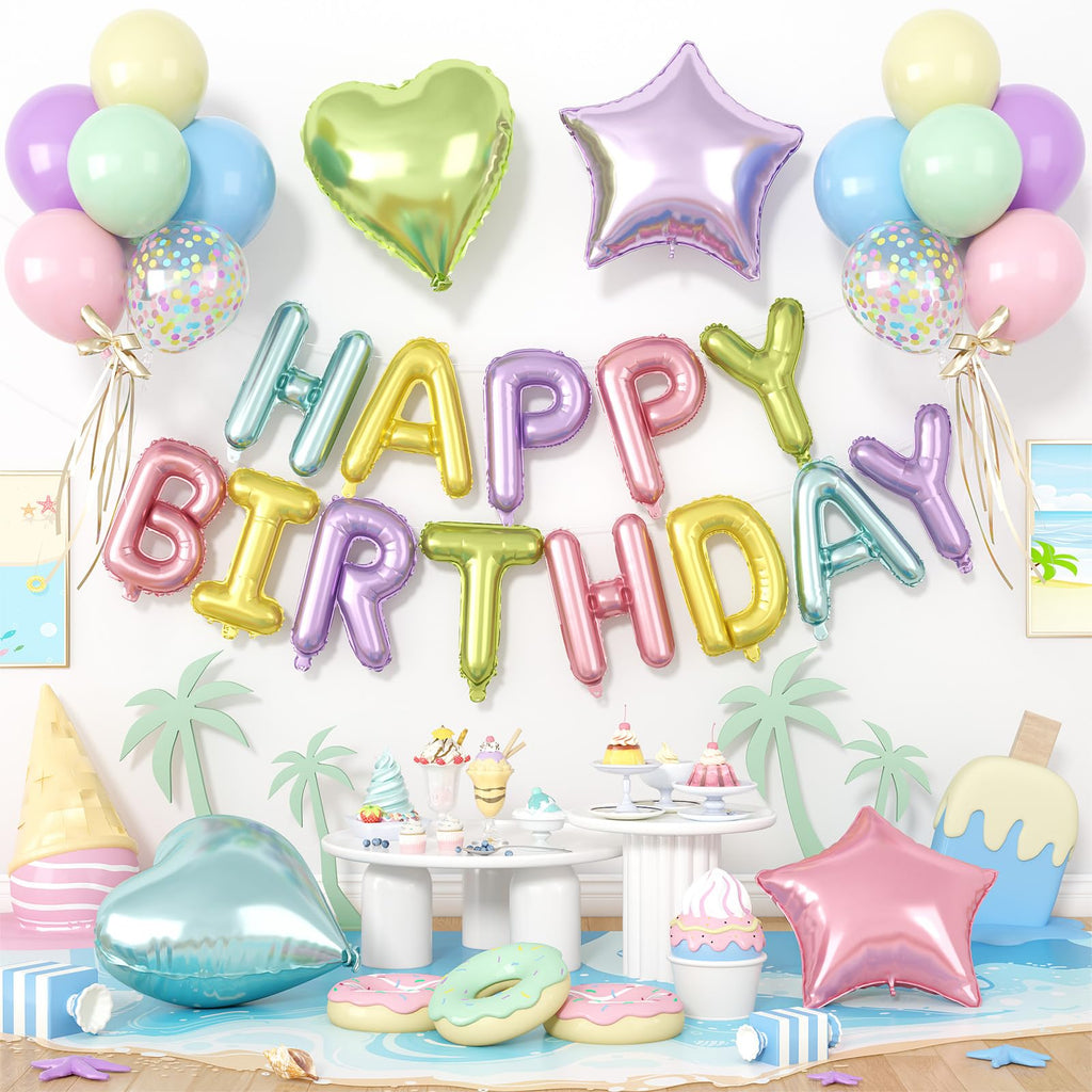 Paready 29-Piece Pastel Happy Birthday Balloon Set with 3D Aluminum Banner and Foil Balloons